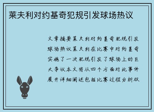莱夫利对约基奇犯规引发球场热议