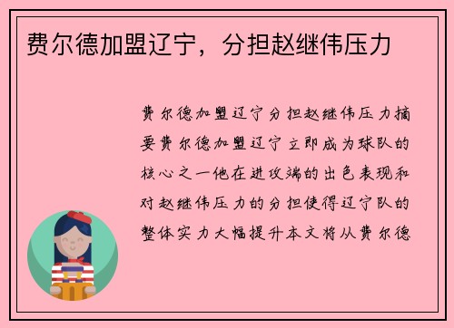 费尔德加盟辽宁，分担赵继伟压力